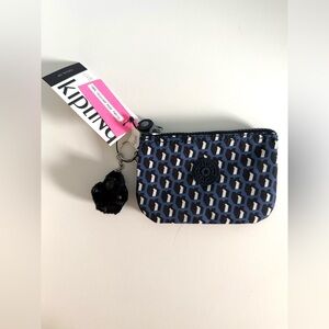 Kipling Navy and Light Blue Geometric Coin Pouch with Monkey Charm